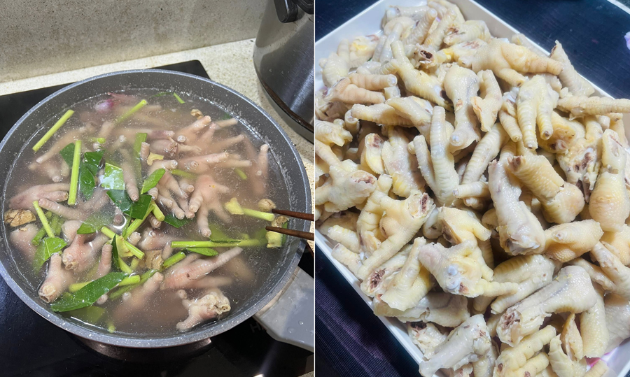 Luộc chân gà cùng sả gừng và để ráo